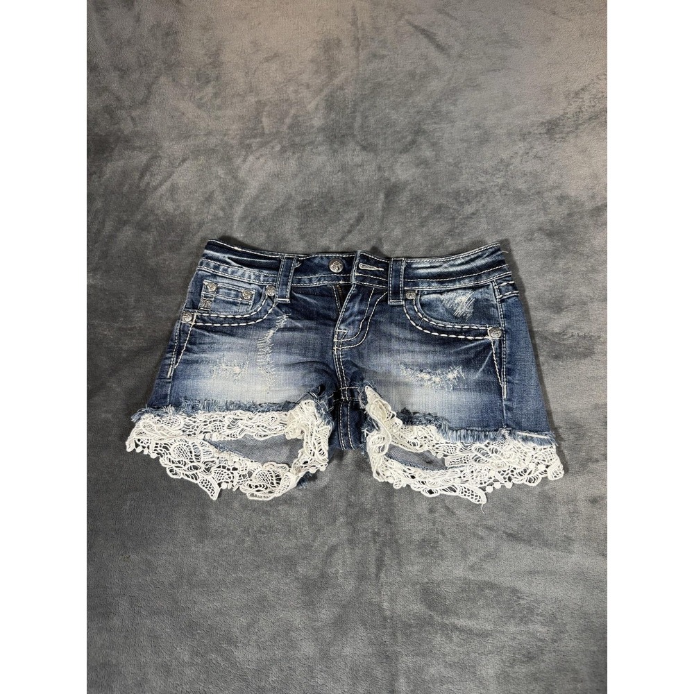 Miss Me Shorts Womens 25 Blue Denim Distressed Lace Trim Frayed Hem Cutoff